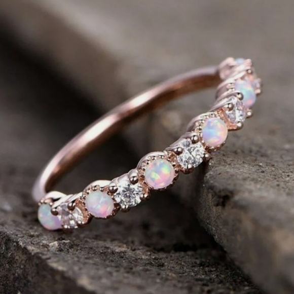 18k Rose Gold Fire Opal Diamond Eternity Ring - Picture 3 of 5